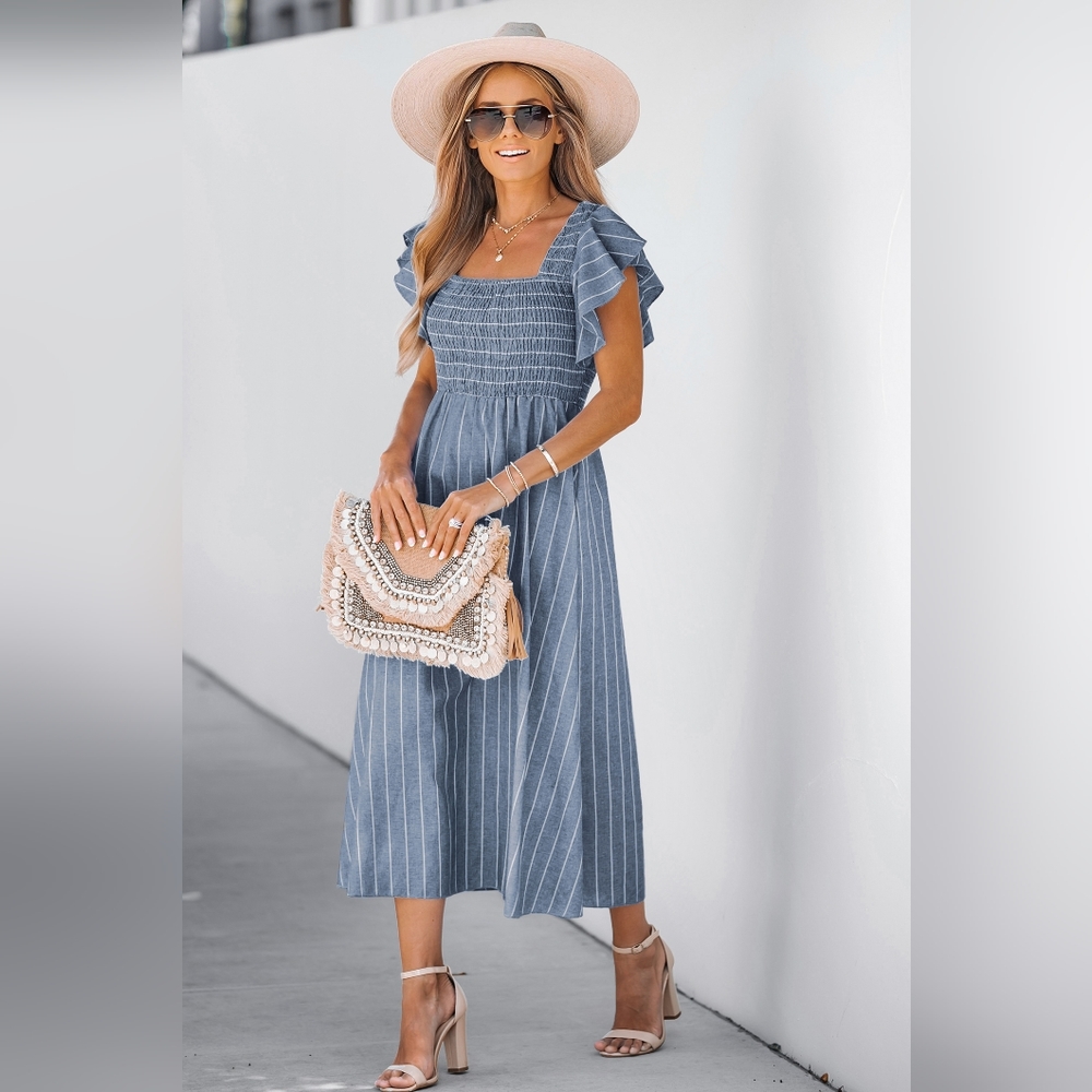 Cupshe Striped Smocked Ruffle Sleeve Dress